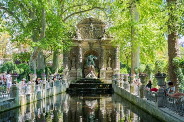 The Medici Fountain was built in 1630 by Marie de Medici. It was designed by Tommaso Francini, a Florentine fountain maker and hydraulic engineer.