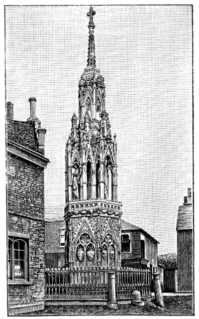 An old illustration of Waltham Cross.