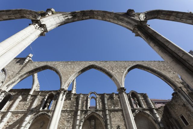 The central nave of the Convento do Carmo in Lisbon. This large cathedral built by the Carmelite order and was destroyed during the Lisbon earthquake of 1755 leaving only the bare arches and walls.