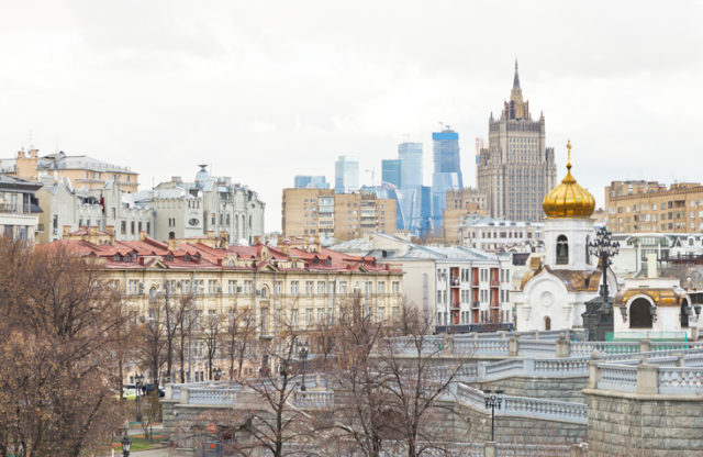 Moscow skyline with cathedral, Moscow City and Kudrinskaya Square skyscraper in autumn day