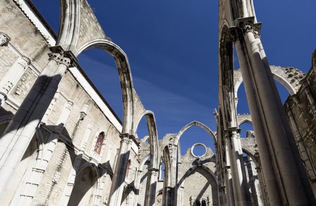 Detail of the ruins of the Convent of Our Lady of Mount Carmel (the Carmo Convent), a medieval convent destroyed by 1755 Lisbon earthquake, in Lisbon, Portugal