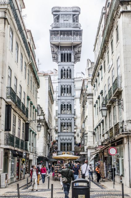 Santa Justa elevator in Lisbon Portugal during day of autumn