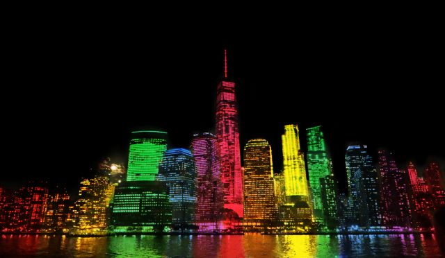 Downtown Manhattan photographed November 2016, with digitally superimposed rainbow colors. Rainbow flag, NYC pride.