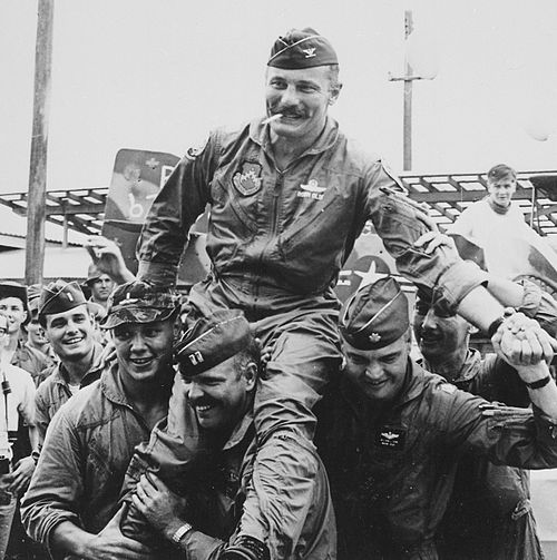 Robin Olds celebrates his 100th combat mission over North Vietnam