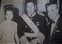 President Peron and Vice President Estela M. de Peron with the Ambassador in Spain Dr. Jose Campano at the Colon theater in Buenos Aires 1974