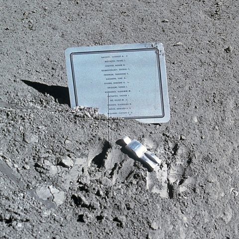Fallen Astronaut sculpture by Paul Van Hoeydonck and commemorative plaque