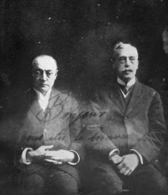 Gustav Geley and Stanley De Brath with an alleged spirit. Photograph taken by William Hope in November, 1919.