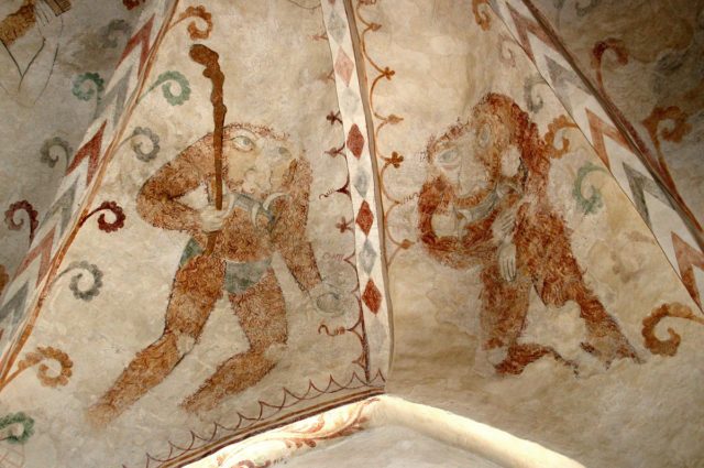 Headless Blemmyes representing Avarice and Gluttony in a Gothic fresco (1511) from the nave at Dalbyneder Church, Denmark, Author: Malene Thyssen   CC BY-SA 3.0