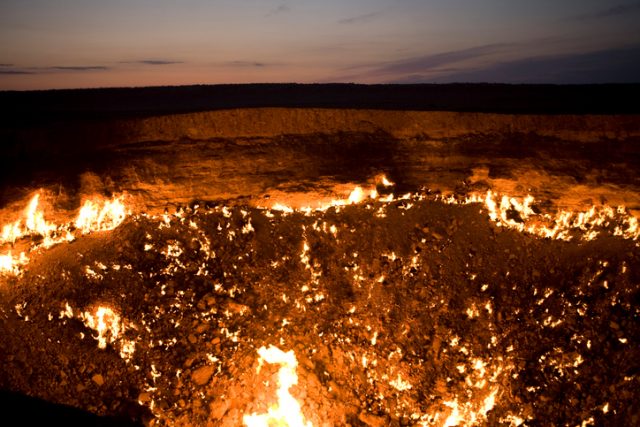 “The result of a Soviet era gas explosion in the 1950s. This crater in the middle of the Karakum Desert , asiaaas hottest desert, blazes with an incredible strength and roar which can at night be seen and heard for miles around.At night, birds fly in to feed on the flying beetles. Its all an incredible sight.”