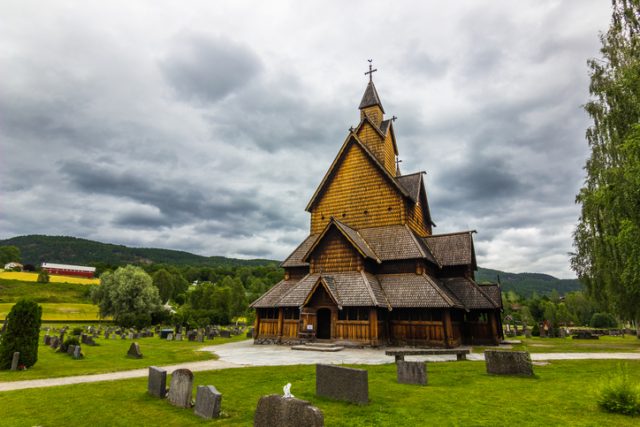 Frontal view of the Stave Church of Heddal, Norway