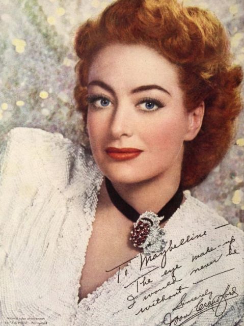 Joan Crawford from Modern Screen, January 1946, Maybelline advertisement, photography by Paul Hesse