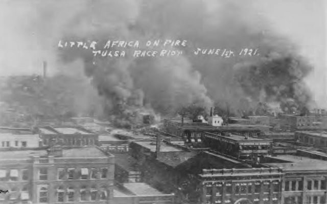 Little Africa on Fire. Tulsa Race Riot, June 1, 1921 Apparently taken from the roof of the Hotel Tulsa on 3rd St. between Boston Ave. and Cincinnati Ave. The first row of buildings is along 2nd St. The smoke cloud on the left (Cincinnati Ave. and the Frisco Tracks) is identified in the Tulsa Tribune version of this photo as being where the fire started.