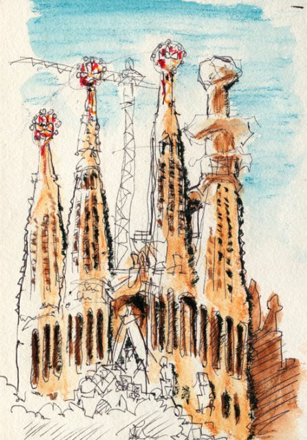 Sagrada Familia Church Barcelona Drawing. Drawn on Location. Ballpoint Pen and Watercolor Pens on rough Paper.