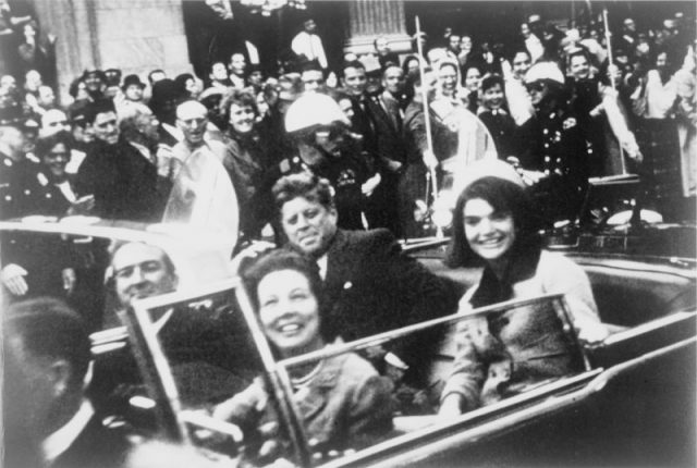 The Kennedys and the Connallys in the presidential limousine moments before the assassination in Dallas