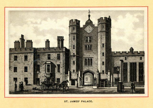 Vintage engraving of St James’s Palace in the late 19th century. St James’s Palace is the official residence of the sovereign and the most senior royal palace in the United Kingdom.