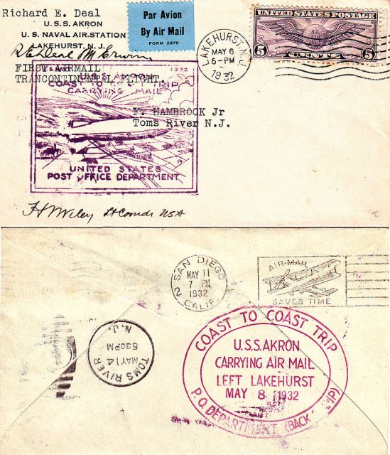 Cover carried on the May 1932 “Coast to Coast” flight and later autographed by the only three survivors of the April 1933, crash of USS Akron.