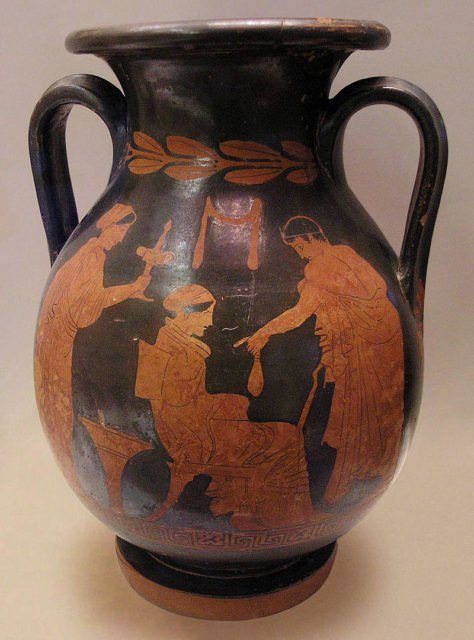 Courtesan and her client, Attican Pelike with red figures by Polygnotus, c. 430 BCE, National Archaeological Museum of Athens.Author Marsyas – CC BY-SA 2.5,