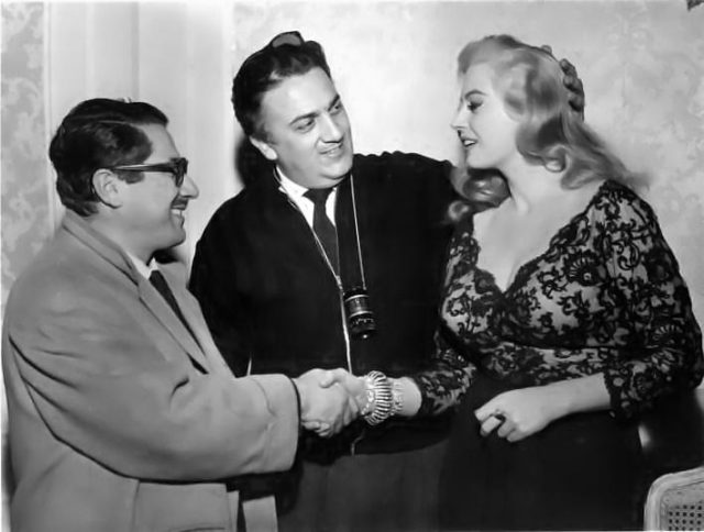 Ennio Flaiano, Federico Fellini, and Anita Ekberg during the making of La Dolce Vita (The Good Life) (1960)