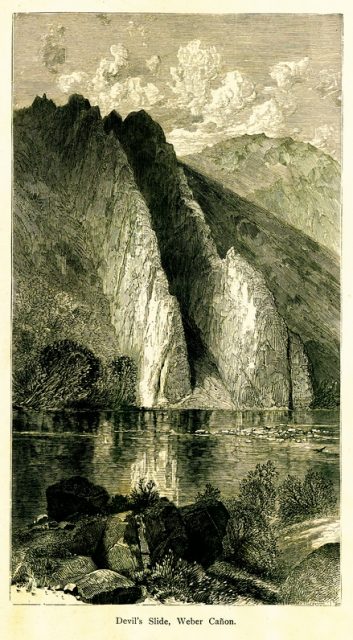 Devil’s Slide, a geological formation of two sedimentary rocks in Weber Canyon, Utah, USA. Published in Picturesque America or the Land We Live In (D. Appleton & Co., New York, 1872).