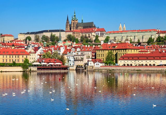 Prague old town and Vltava river spring view