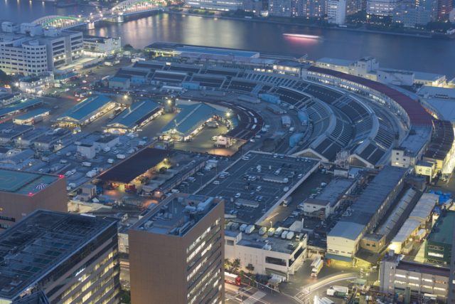 High angle view of Tsukiji Fish Market in Tokyo, Japan. Tsukiji site will be redeveloped over the next five years and the new site in Toyosu will serve as the main wholesale market.