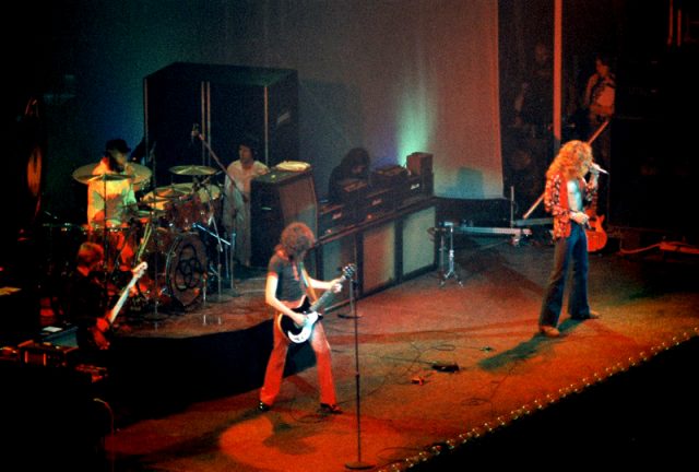 Led Zeppelin perform at Chicago Stadium in January 1975, a few weeks before the release of Physical Graffiti. Author:tony morelli  CC BY-SA 2.0