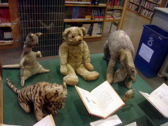 The real stuffed toys owned by Christopher Robin Milne and featured in the Winnie-the-Pooh stories. They are on display in the Stephen A. Schwarzman Building in New York.