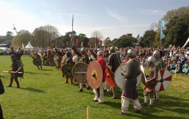 Viking re-enactors from all over the world at the Battle of Clontarf millennium commemoration in Saint Anne’s Park, Dublin (lining up before charging at the opposition). April 19th, 2014.