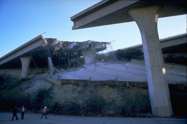 Damaged portion of the Golden State Freeway at Gavin Canyon.