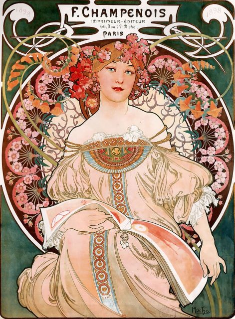 Dreaming (Reverie), lithograph, 1897 by Alfons Mucha