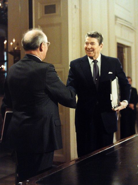 U.S. President Ronald Reagan and Mikhail Gorbachev shaking hands at the American-Soviet summit in Washington, D.C., in 1987