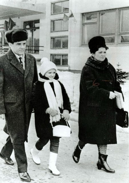 Vladimir Mikhaylovich Komarov (1927-1967), his wife Valentina Komarov, and their daughter Irina