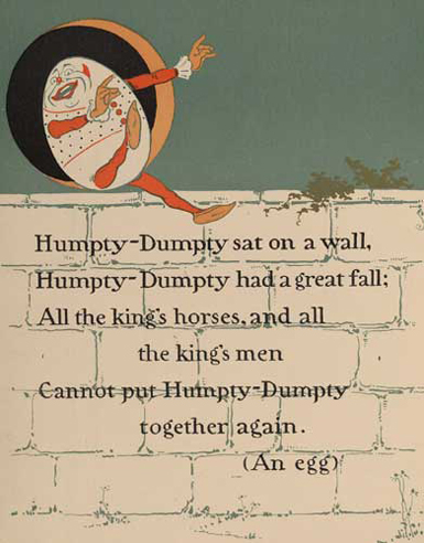 Humpty Dumpty, shown as a riddle with answer, in a 1902 Mother Goose story book by William Wallace Denslow