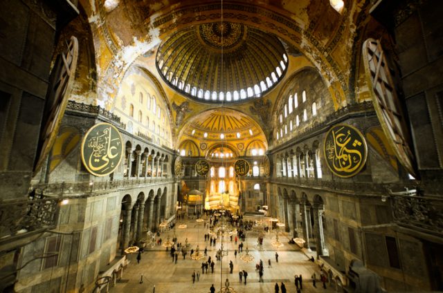 Hagia Sophia (Aya Sofya) indoors captured with fish-eye lens.