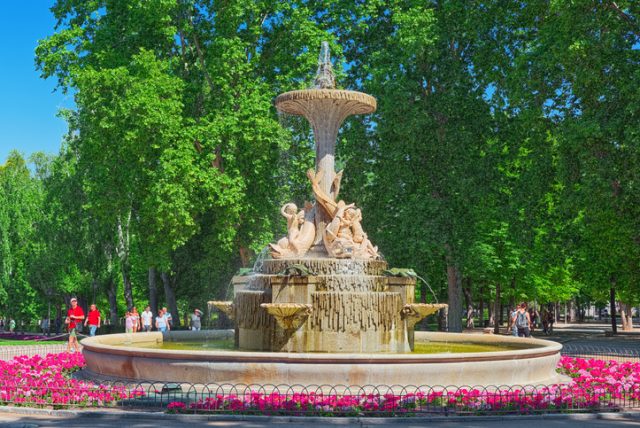 Madrid, Spain -June 05, 2017 : Fountain Galapagos ( Fuente de los Galqapagos) in Buen Retiro Park – most largest and most beautiful of the Madrid parks. Spain.