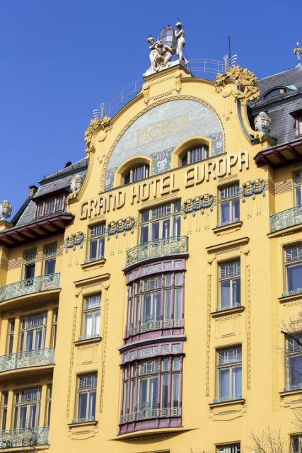 Grand Hotel Europa is a famous art nouveau style hotel on Wenceslas Square in the center of Prague, Czech Republic