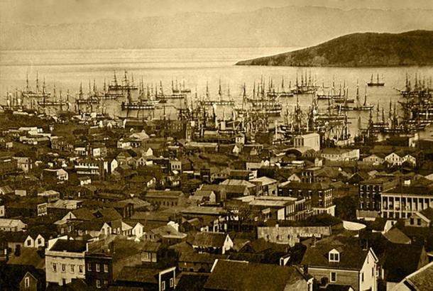 San Francisco harbor in 1850 or 1851. During this time, the harbor would become so crowded that ships often had to wait days before unloading their passengers and goods.