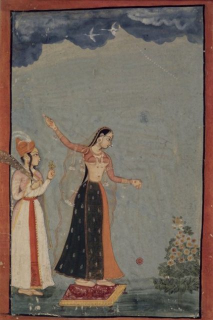 Lady with a yo-yo, Northern India (Rajasthan, Bundi or Kota), c. 1770 Opaque watercolor and gold on paper