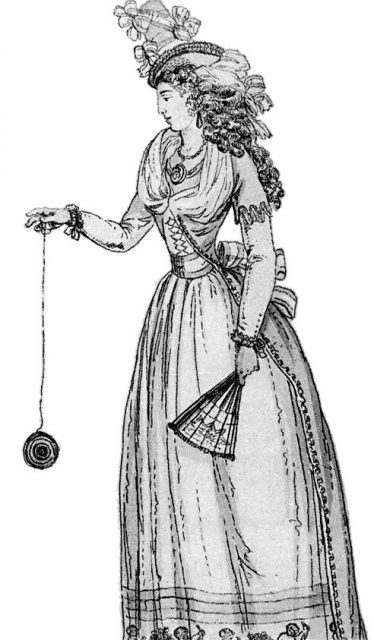 A 1791 illustration of a woman playing with an early version of the yo-yo, then known as a “bandalore”