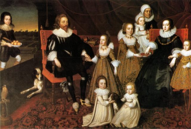 The Lucy family, English c. 1625. Two boys at the front, plus one with his mother, holding a bow as tall as himself. The baby with the nurse may be a boy.