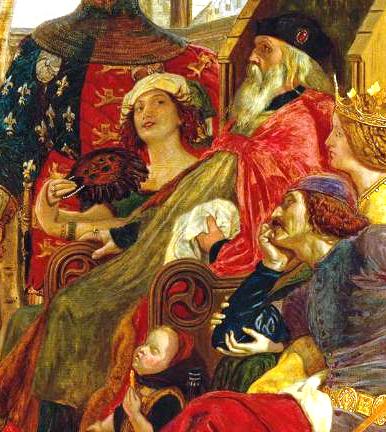Detail of Ford Madox Brown’s painting of Chaucer reading to the court of King Edward III, depicting Alice Perrers and Edward III in something of a royal cuddle.