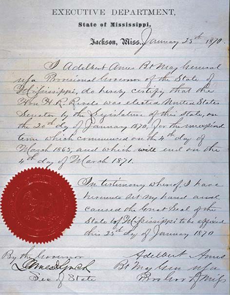 Credentials for Senator Hiram Rhodes Revels of Mississippi, the first African American to serve in the Senate, January 25, 1870..pngCredentials for Senator Hiram Rhodes Revels of Mississippi, the first African American to serve in the Senate, January 25, 1870