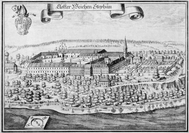 Engraving of Weihenstephan Abbey by Michael Wening in Topographia Bavariae, about 1700