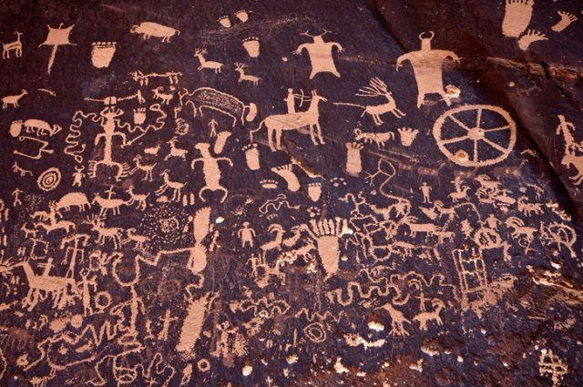 “Detail of petroglyphs on Newspaper Rock in Utah, near the entrance to Canyonlands National Park.”