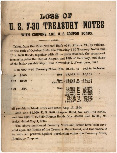 Notice concerning treasury notes taken during a Confederate raid in St. Alban’s, Vermont