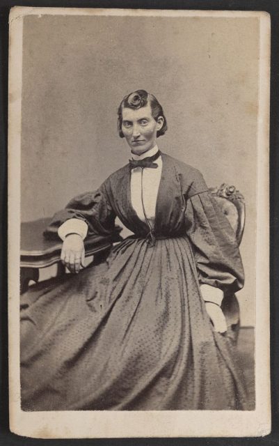 Frances Clayton in women’s clothing, photographed by Samuel Masury ca. 1865. From the Library of Congress.