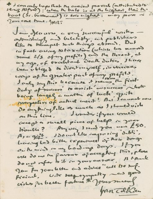 The final page of the second letter. Note the postscript which Tolkien placed on the top of the page, Photo credit: RR Auction