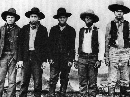 The only known photograph of the Rufus Buck gang, taken in the summer of 1895 in Indian Territory. Buck is in the middle. Photo credit: Leonce Gaiter