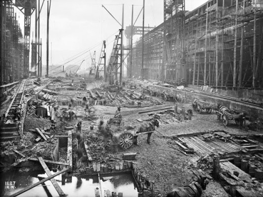 Workmen preparing new slipways for building Olympic and Titanic. source
