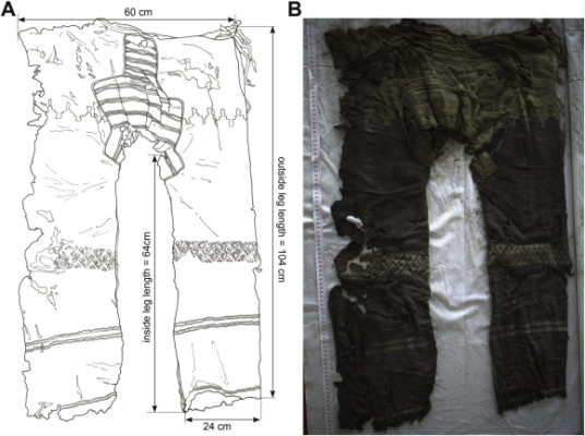 Front view of the woollen trousers (find number: 2003SYIM21:19, after Xinjiang, 2011) from the Yanghai site, tomb M21; (A) drawing: U. Beck; (B) photograph: M. Wagner. source